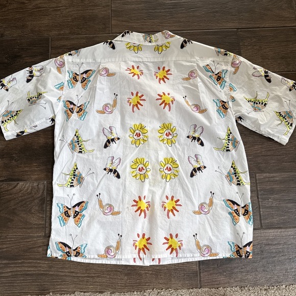 Tsumori Chisato Men M Camp Shirt Floral Butterfly Snail Print Short Sleeve White - Picture 3 of 9